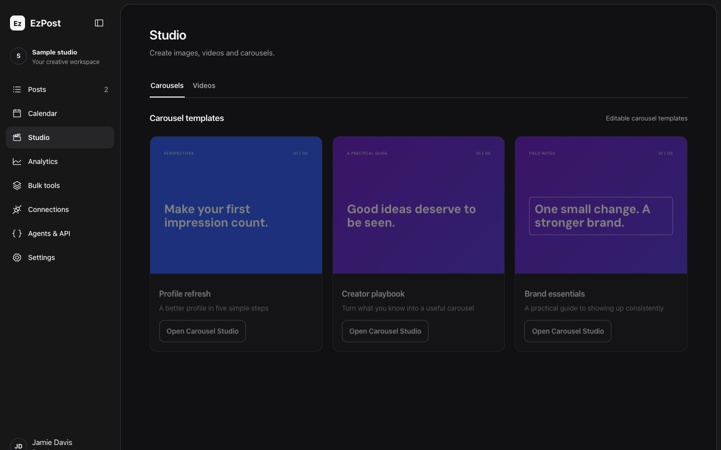 Ezpost Content Studio showing sample carousel templates and workspace navigation